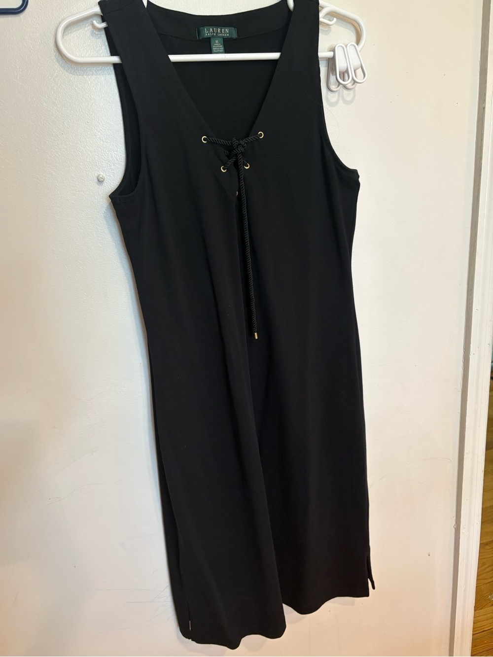 Ralph Lauren Black Sleeveless Midi Dress coastal nautical Lace-Up V-Neck medium